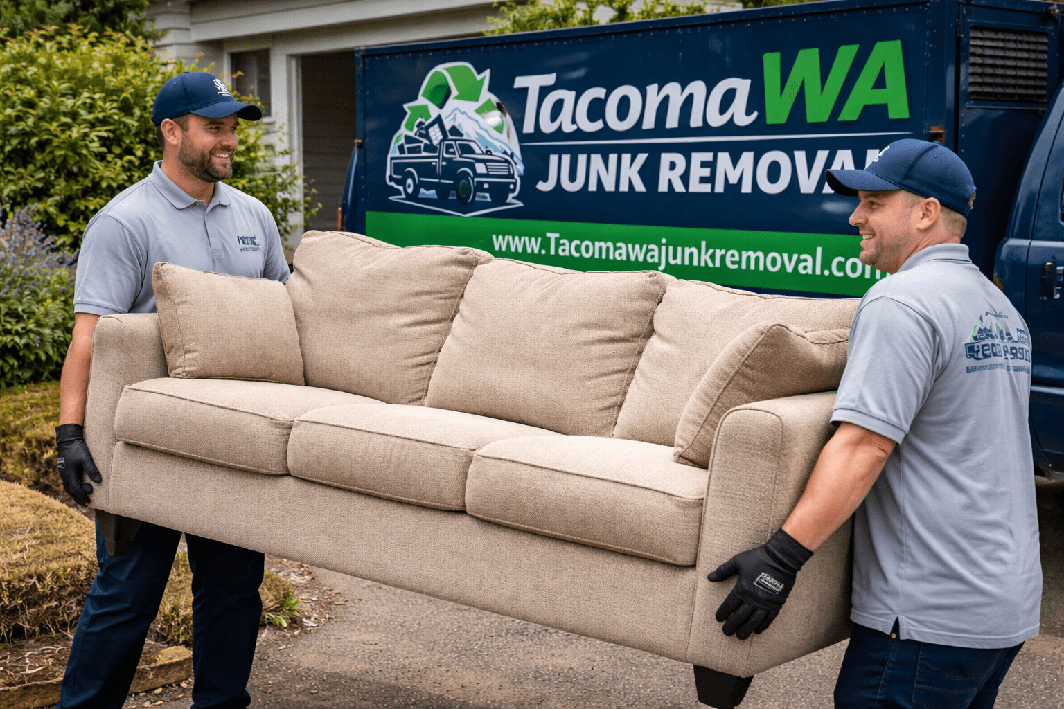 Junk removal professionals carrying couch in Tacoma